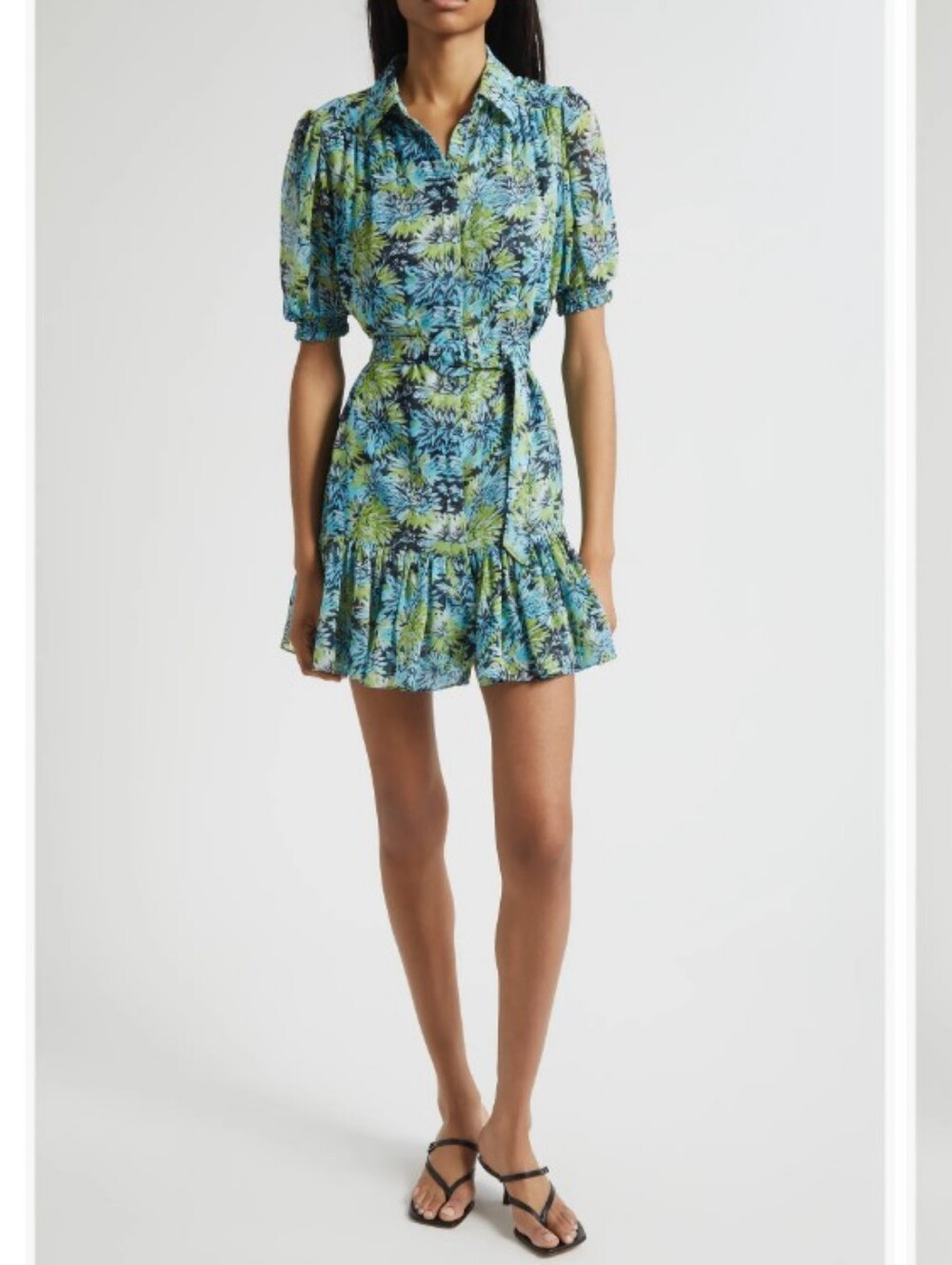 cinq a sept Halbini Dahlia Print Puff Sleeve Belted Shirt Dress